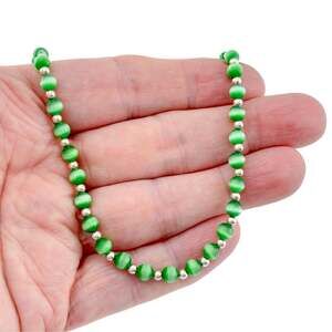 1990's Sterling Silver Green Cat’s Eye Glass Bead Necklace 16–17.5 Inches